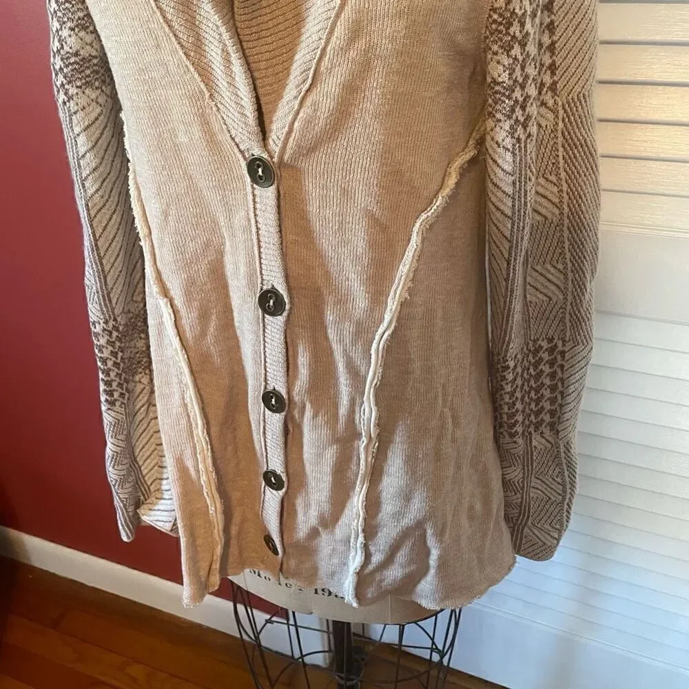 FREE PEOPLE | cream color patchwork raw hem colorblock cardigan S - Picture 3 of 10